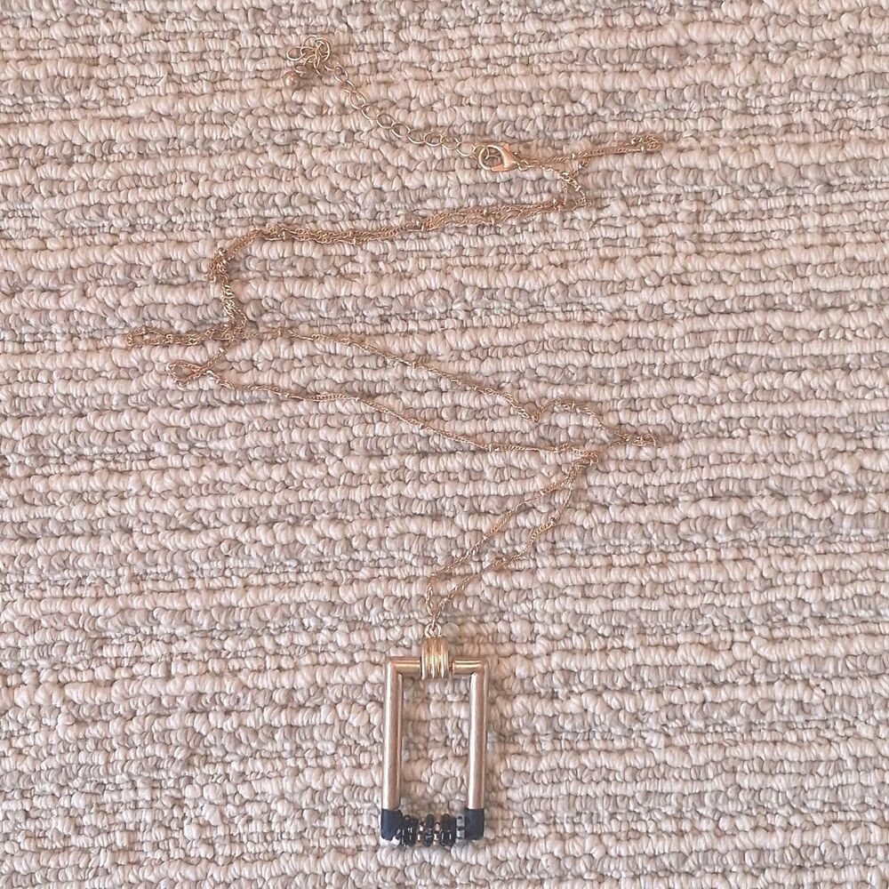 Gold Tone Geometric Open Rectangle Pendant Beaded Navy Accent Chain Womens Adult